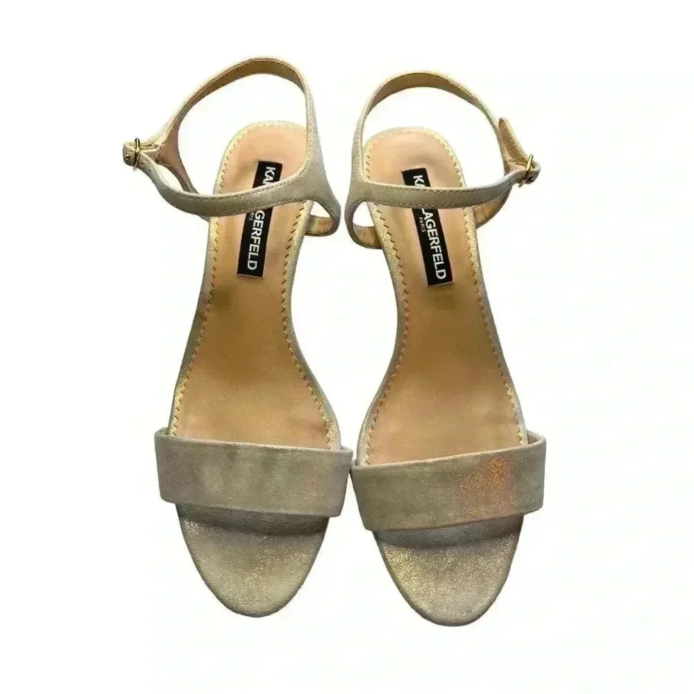 Lagerfeld Paris Women's Ankle Strap Heeled Sandal •Sparkly Gold•Size 8.5•